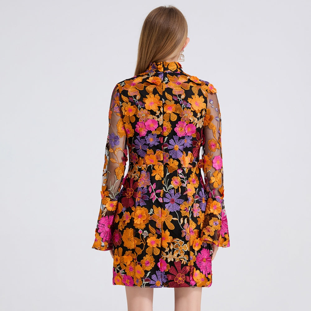 CM-DY050394 Women Elegant European Style Embroidered Floral Stand Collar Long Sleeve Mini Dress