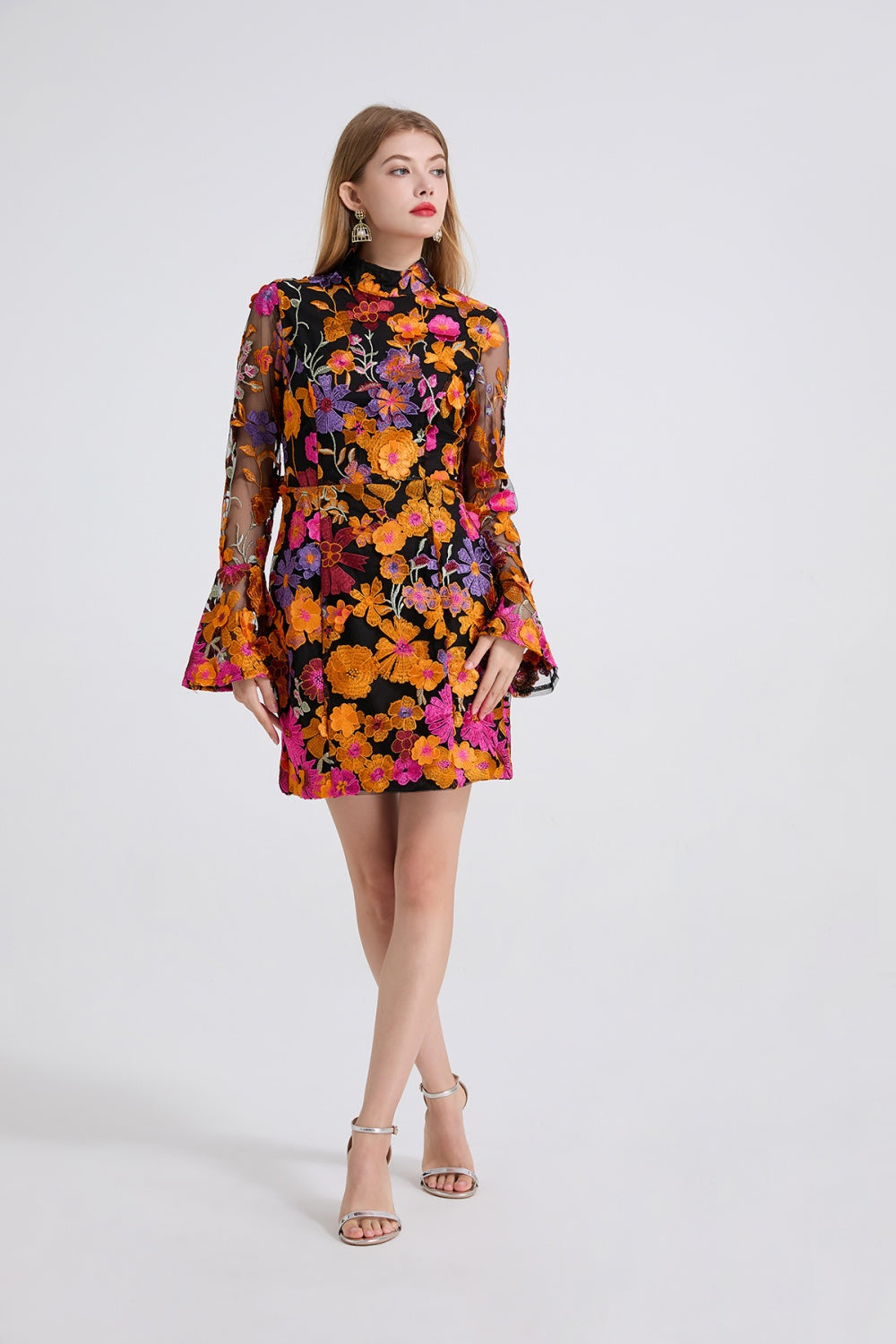 CM-DY050394 Women Elegant European Style Embroidered Floral Stand Collar Long Sleeve Mini Dress