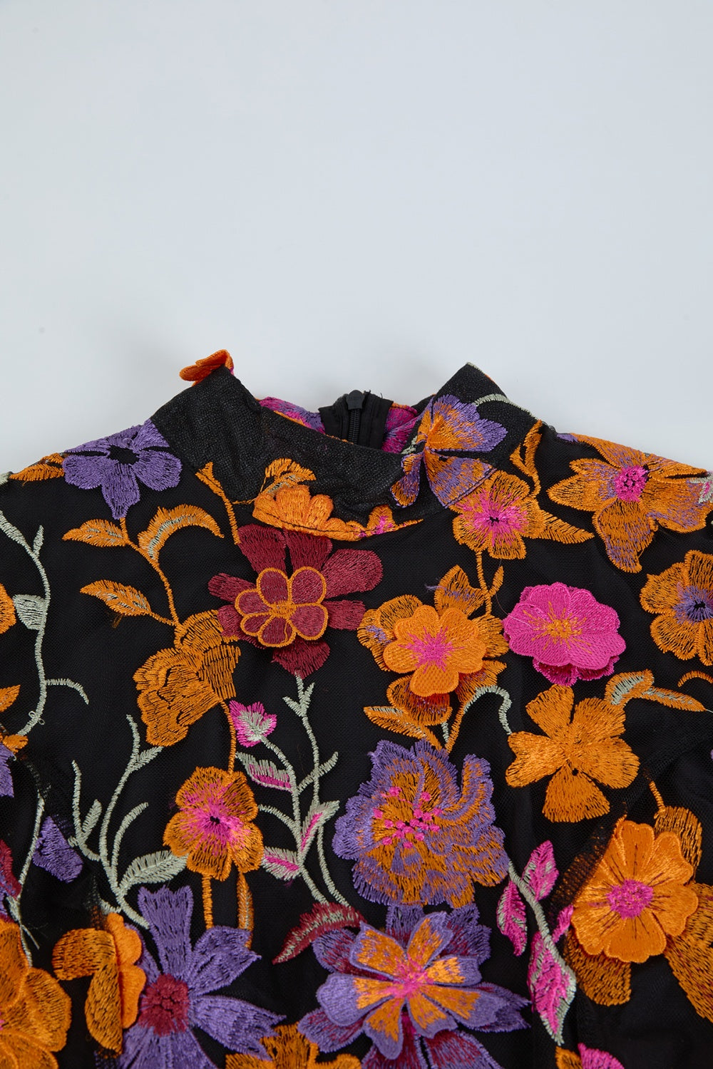 CM-DY050394 Women Elegant European Style Embroidered Floral Stand Collar Long Sleeve Mini Dress