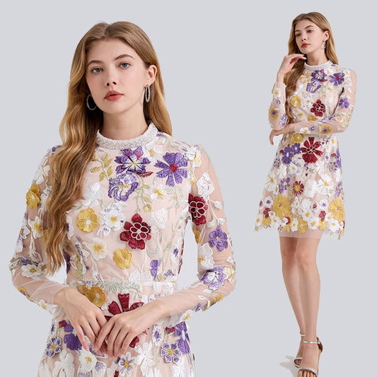 CM-DY050914 Women Elegant European Style Embroidered Floral And Rhinestone Decor Stand Collar Long Sleeve Mini Dress