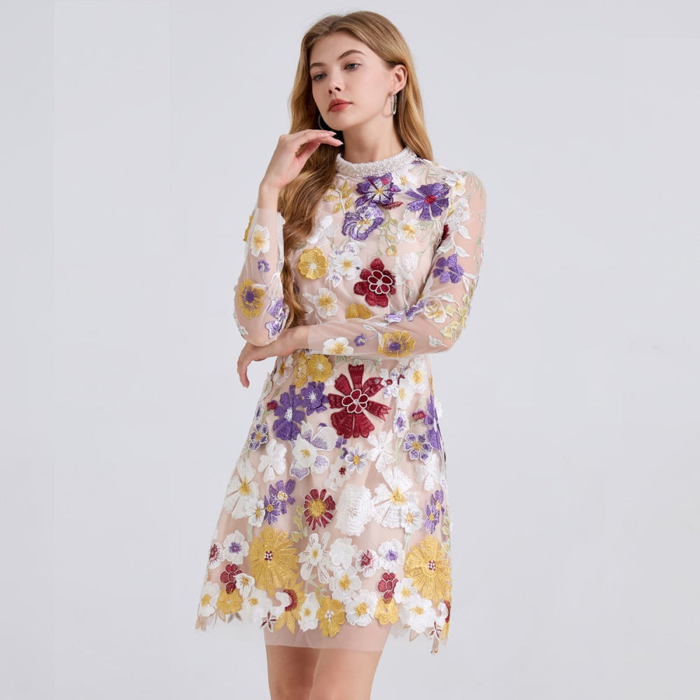 CM-DY050914 Women Elegant European Style Embroidered Floral And Rhinestone Decor Stand Collar Long Sleeve Mini Dress