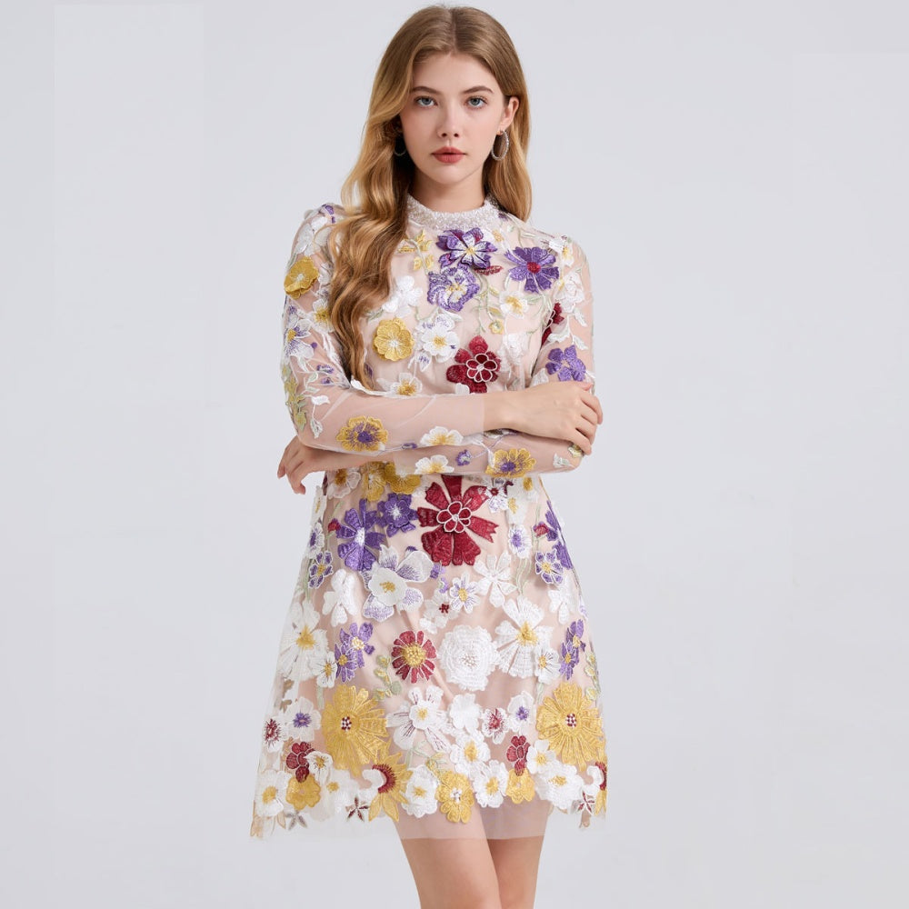 CM-DY050914 Women Elegant European Style Embroidered Floral And Rhinestone Decor Stand Collar Long Sleeve Mini Dress