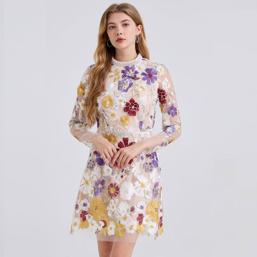 CM-DY050914 Women Elegant European Style Embroidered Floral And Rhinestone Decor Stand Collar Long Sleeve Mini Dress