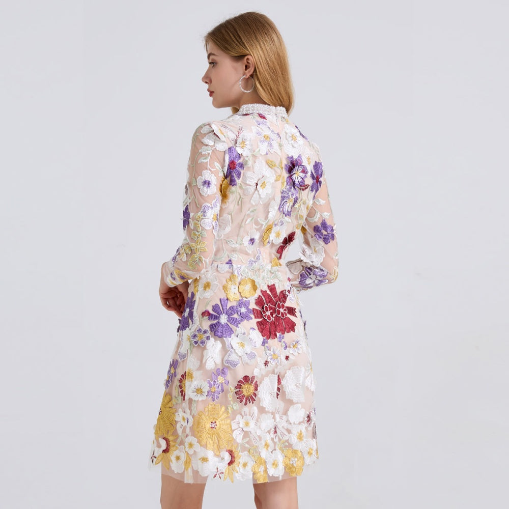 CM-DY050914 Women Elegant European Style Embroidered Floral And Rhinestone Decor Stand Collar Long Sleeve Mini Dress