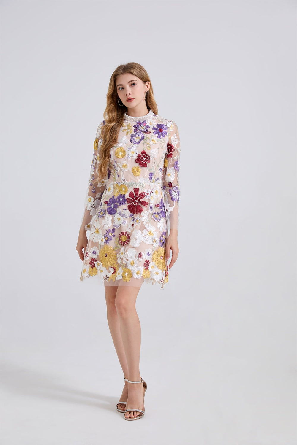 CM-DY050914 Women Elegant European Style Embroidered Floral And Rhinestone Decor Stand Collar Long Sleeve Mini Dress