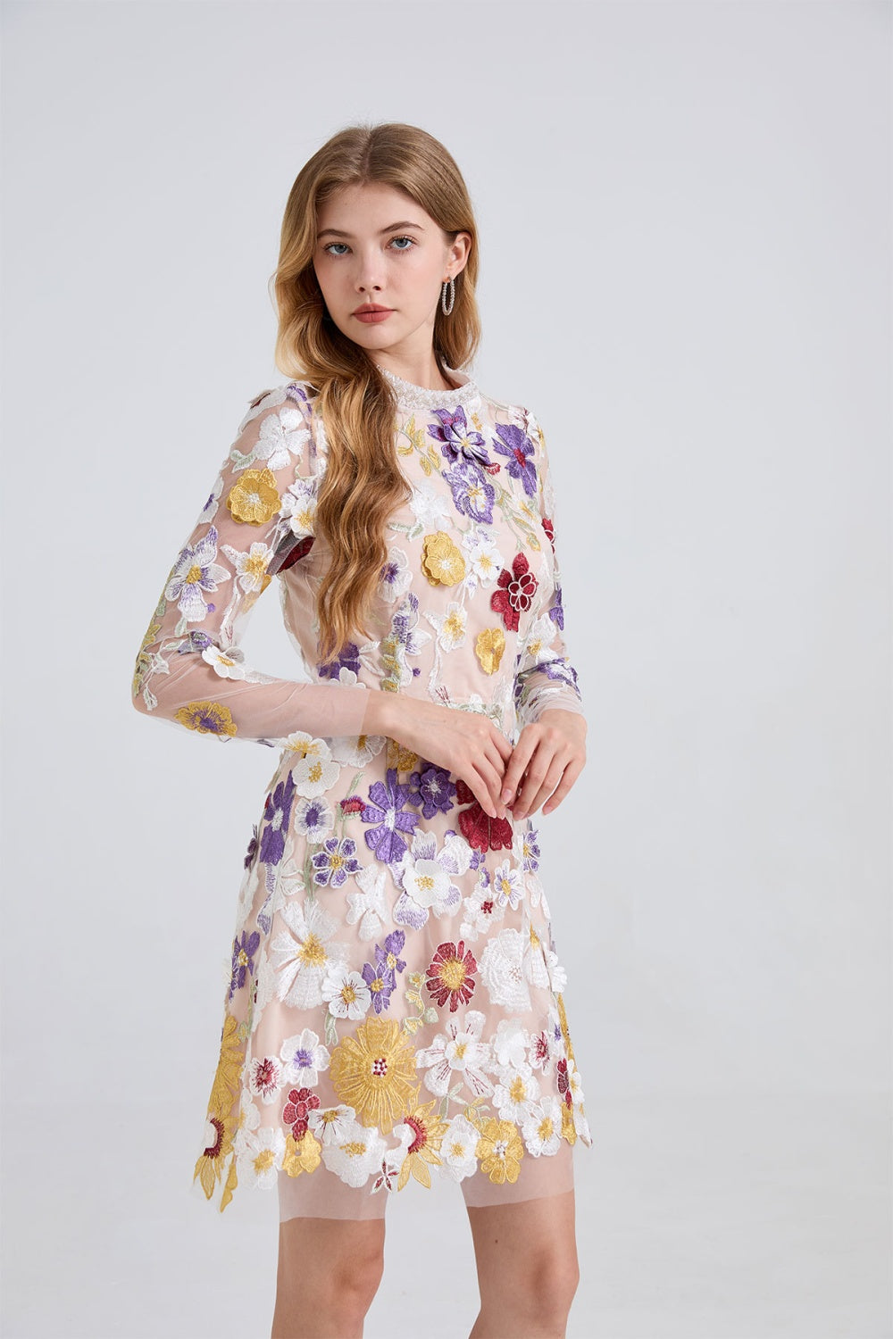 CM-DY050914 Women Elegant European Style Embroidered Floral And Rhinestone Decor Stand Collar Long Sleeve Mini Dress