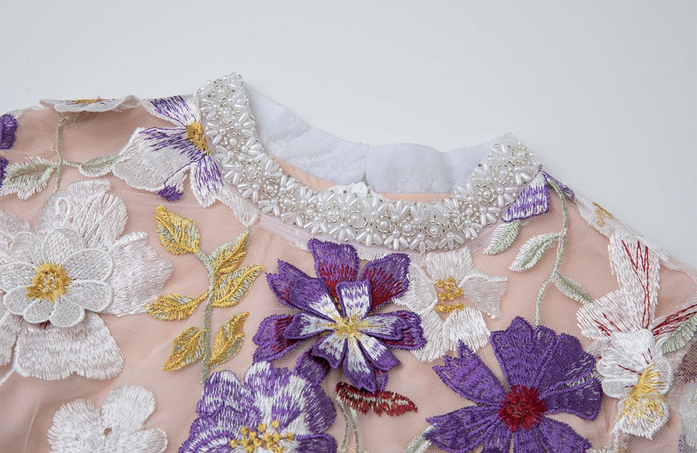 CM-DY050914 Women Elegant European Style Embroidered Floral And Rhinestone Decor Stand Collar Long Sleeve Mini Dress