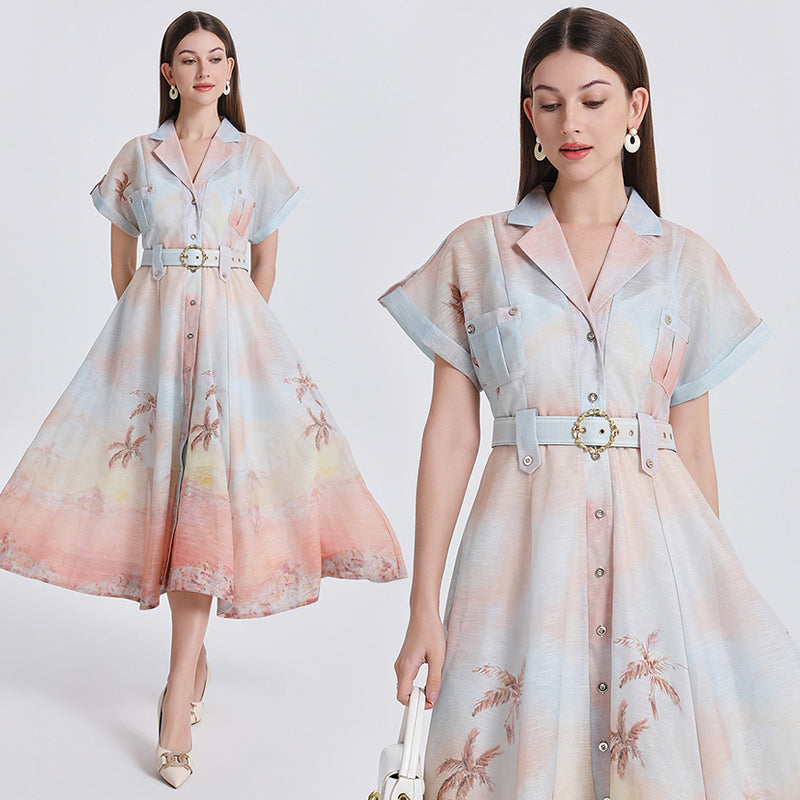 CM-DY051081 Women Elegant European Style Suit Collar Raglan Sleeve Medium Waist A-Line Mid-Length Dress