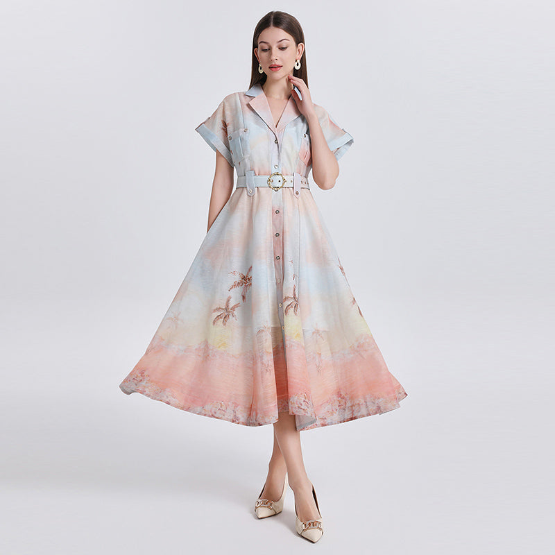 CM-DY051081 Women Elegant European Style Suit Collar Raglan Sleeve Medium Waist A-Line Mid-Length Dress