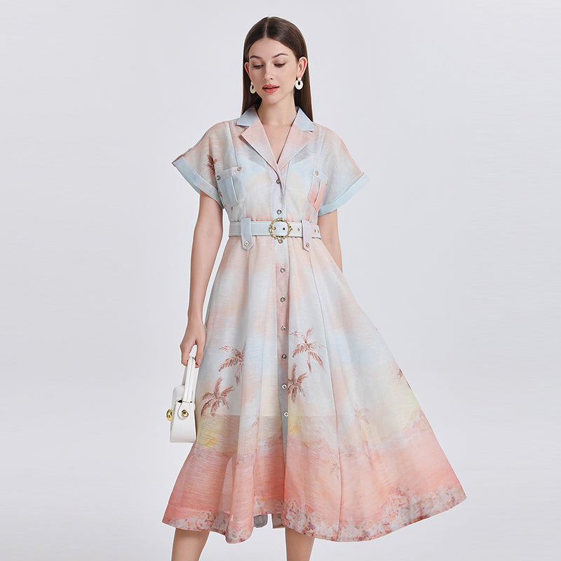 CM-DY051081 Women Elegant European Style Suit Collar Raglan Sleeve Medium Waist A-Line Mid-Length Dress