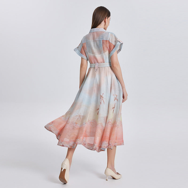CM-DY051081 Women Elegant European Style Suit Collar Raglan Sleeve Medium Waist A-Line Mid-Length Dress