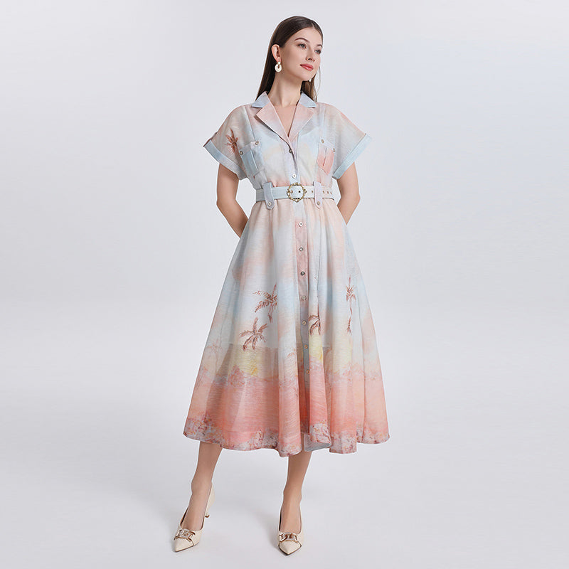 CM-DY051081 Women Elegant European Style Suit Collar Raglan Sleeve Medium Waist A-Line Mid-Length Dress