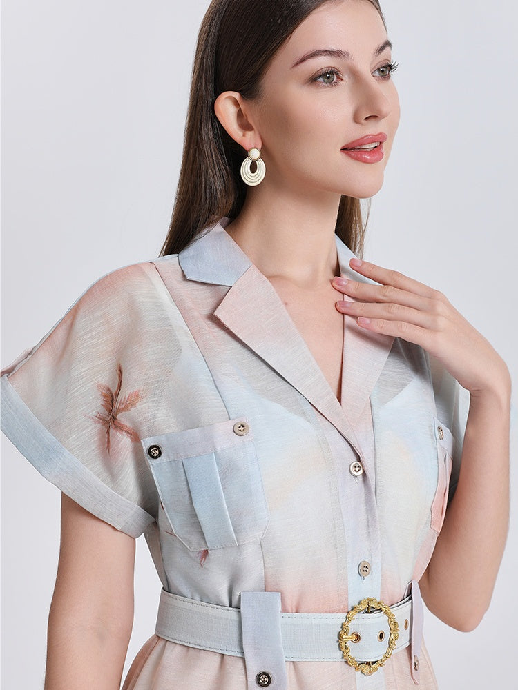 CM-DY051081 Women Elegant European Style Suit Collar Raglan Sleeve Medium Waist A-Line Mid-Length Dress