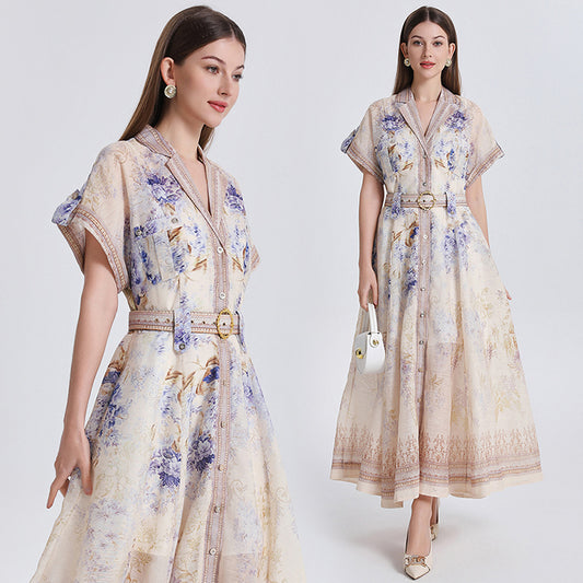 CM-DY051082 Women Elegant European Style Floral Print Suit Collar Short Sleeve Single-Breasted Long Dress