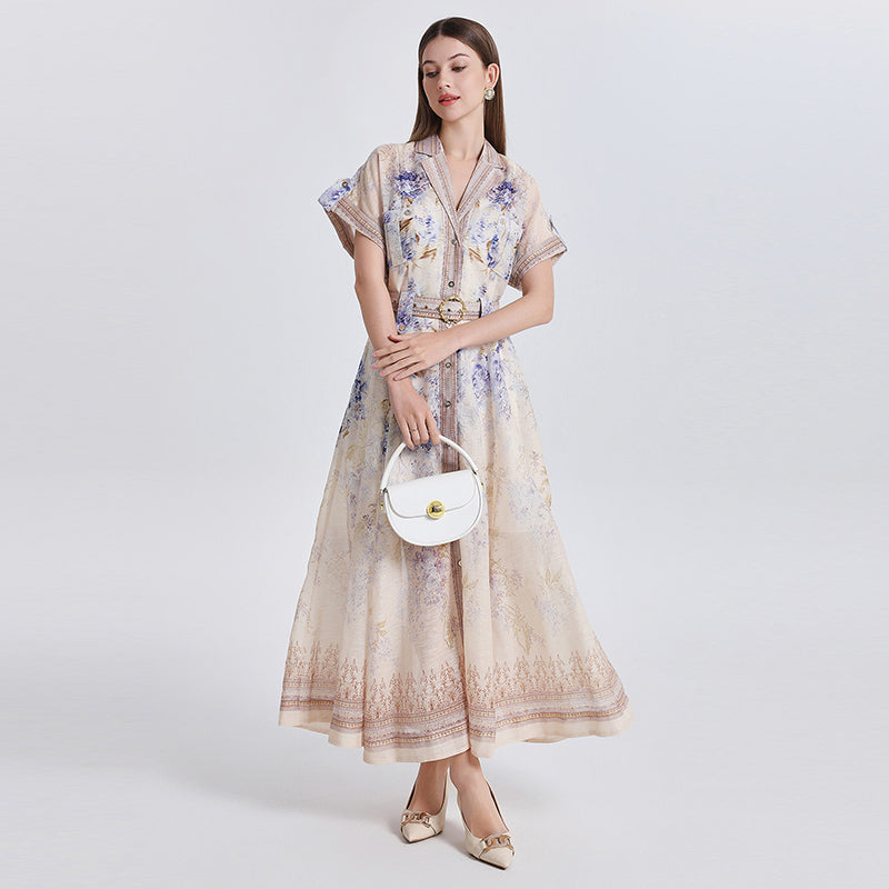 CM-DY051082 Women Elegant European Style Floral Print Suit Collar Short Sleeve Single-Breasted Long Dress