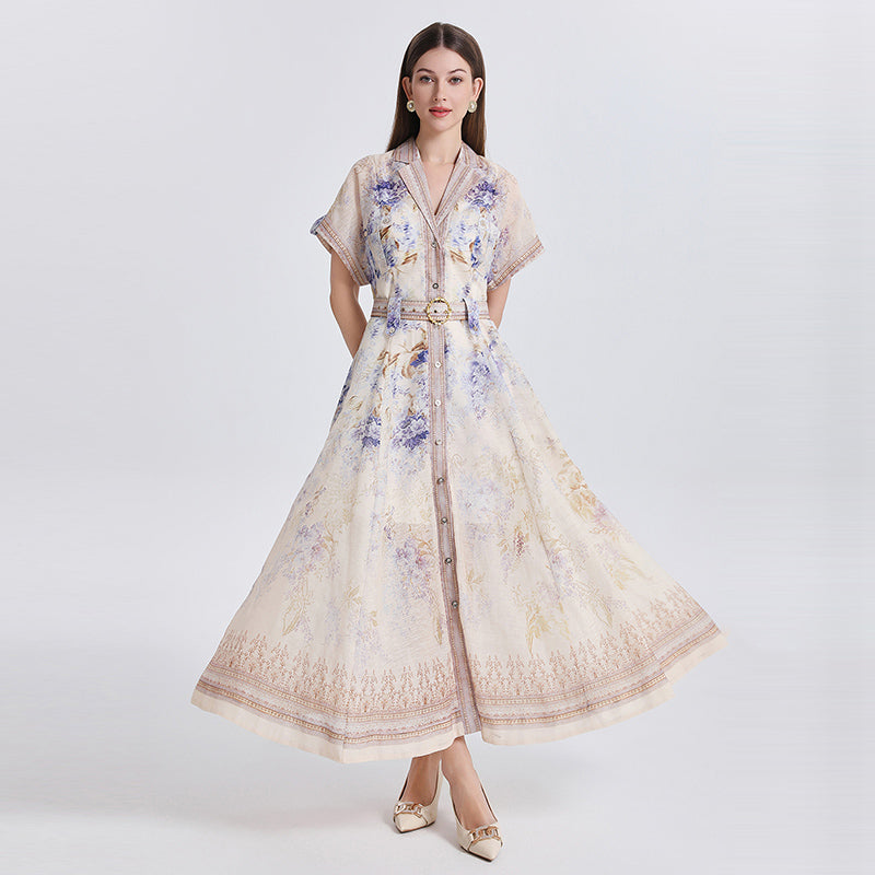 CM-DY051082 Women Elegant European Style Floral Print Suit Collar Short Sleeve Single-Breasted Long Dress