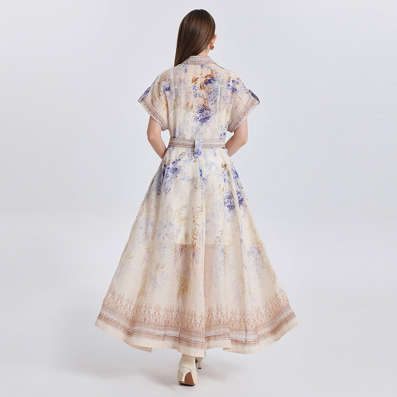 CM-DY051082 Women Elegant European Style Floral Print Suit Collar Short Sleeve Single-Breasted Long Dress
