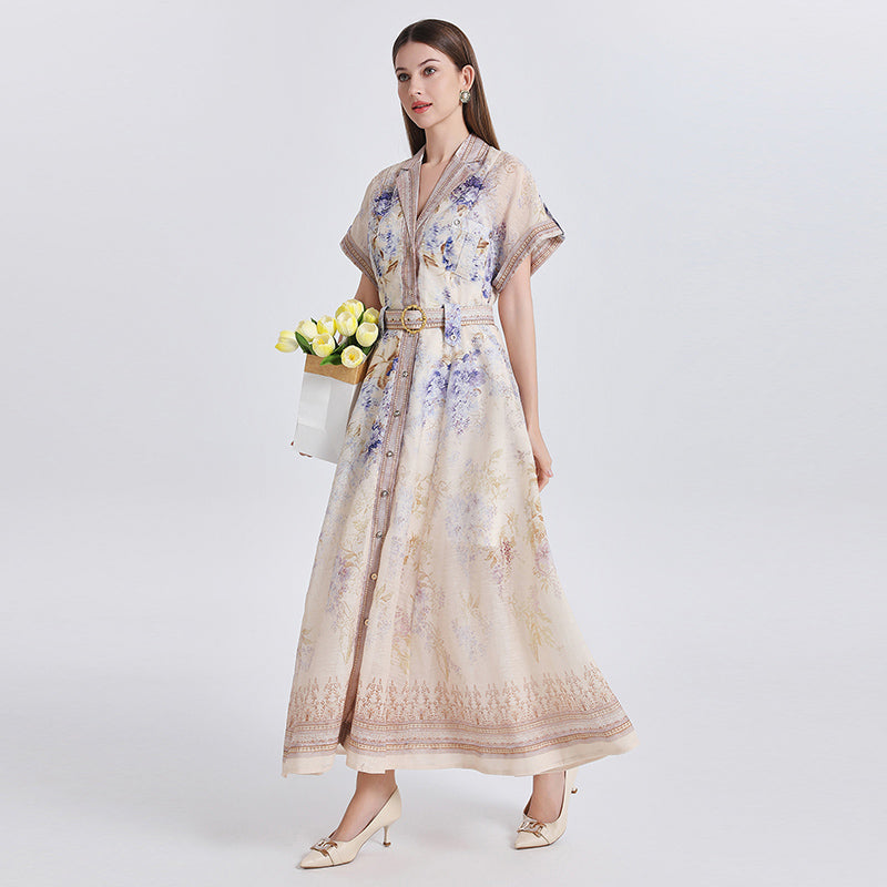 CM-DY051082 Women Elegant European Style Floral Print Suit Collar Short Sleeve Single-Breasted Long Dress