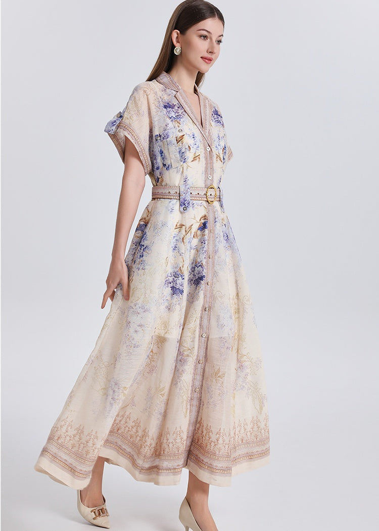 CM-DY051082 Women Elegant European Style Floral Print Suit Collar Short Sleeve Single-Breasted Long Dress
