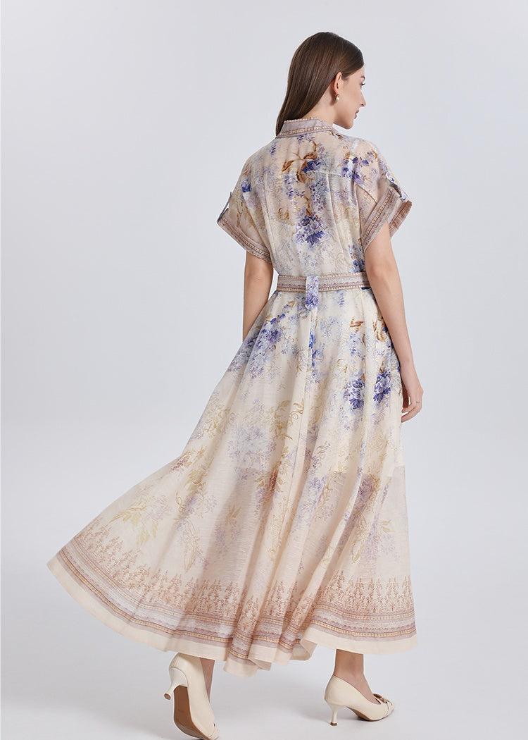 CM-DY051082 Women Elegant European Style Floral Print Suit Collar Short Sleeve Single-Breasted Long Dress