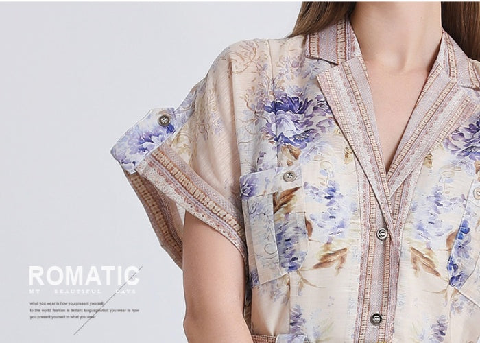 CM-DY051082 Women Elegant European Style Floral Print Suit Collar Short Sleeve Single-Breasted Long Dress