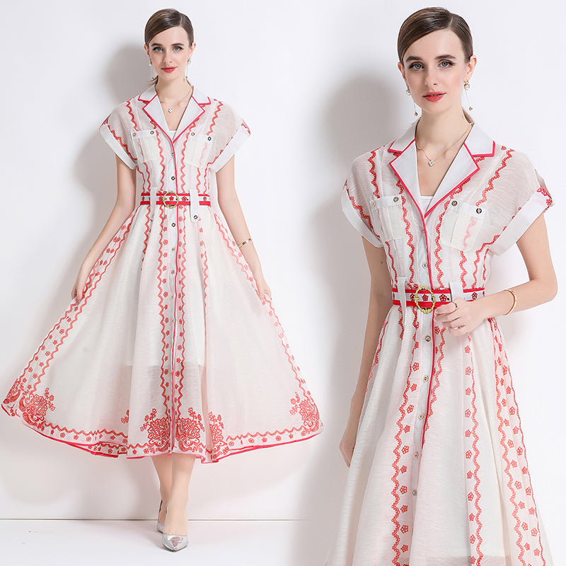 CM-DY051083 Women Elegant European Style Silk Linen Collar Neckline Short Sleeve A-Line Dress - Red