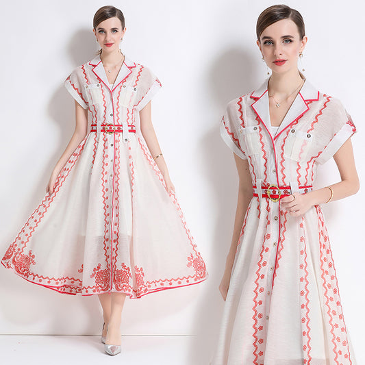 CM-DY051083 Women Elegant European Style Silk Linen Collar Neckline Short Sleeve A-Line Dress - Red