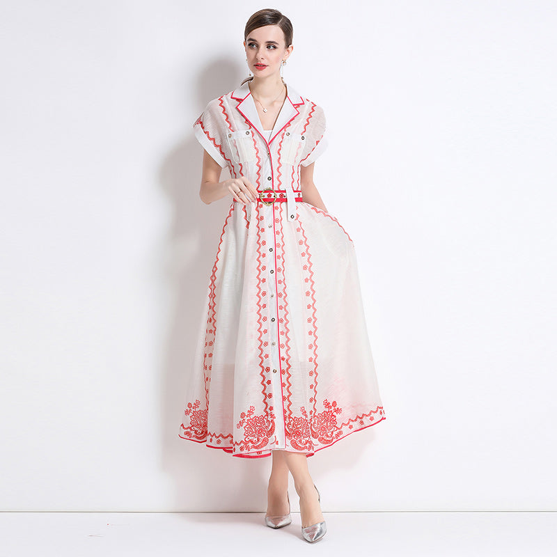 CM-DY051083 Women Elegant European Style Silk Linen Collar Neckline Short Sleeve A-Line Dress - Red