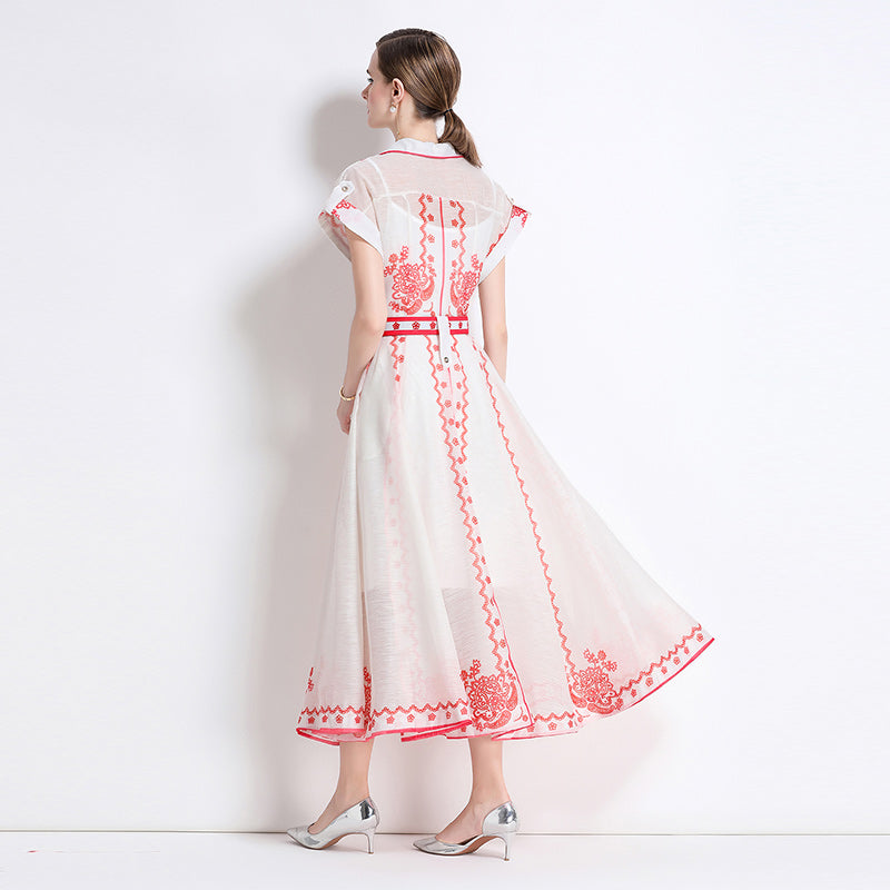 CM-DY051083 Women Elegant European Style Silk Linen Collar Neckline Short Sleeve A-Line Dress - Red
