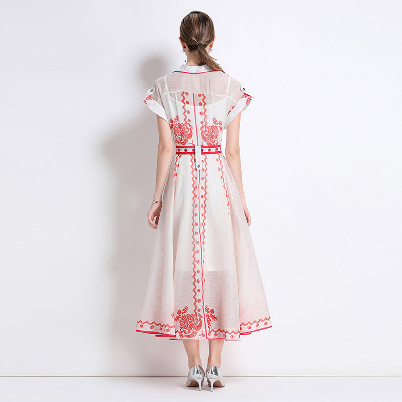 CM-DY051083 Women Elegant European Style Silk Linen Collar Neckline Short Sleeve A-Line Dress - Red
