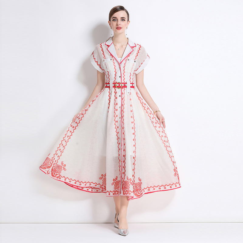 CM-DY051083 Women Elegant European Style Silk Linen Collar Neckline Short Sleeve A-Line Dress - Red