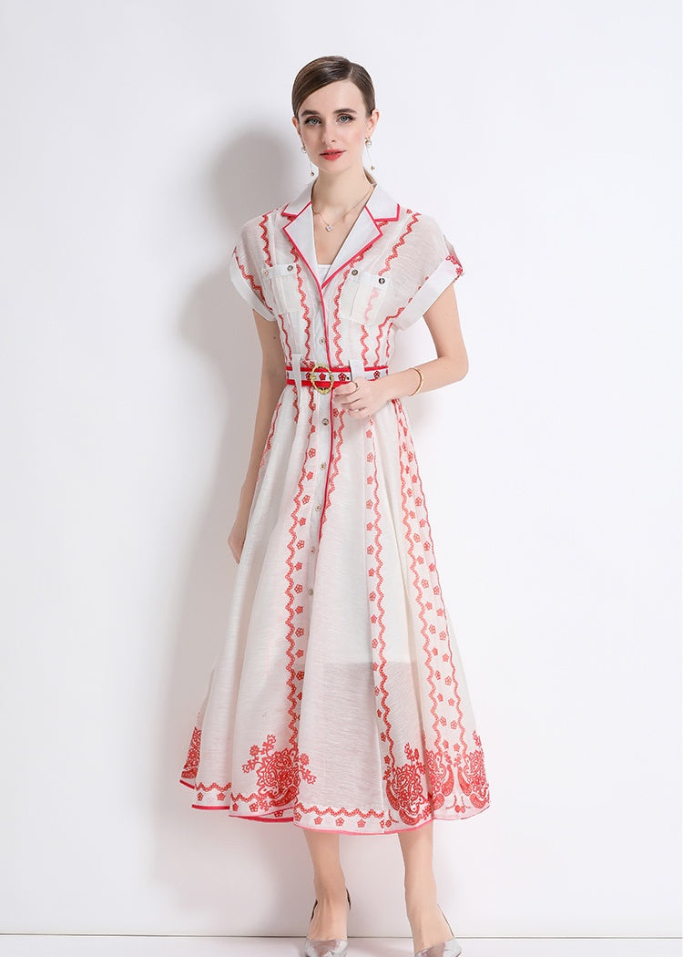 CM-DY051083 Women Elegant European Style Silk Linen Collar Neckline Short Sleeve A-Line Dress - Red