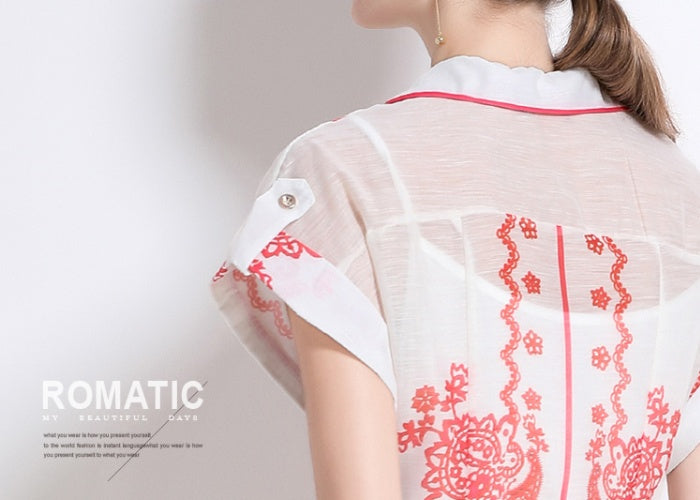 CM-DY051083 Women Elegant European Style Silk Linen Collar Neckline Short Sleeve A-Line Dress - Red