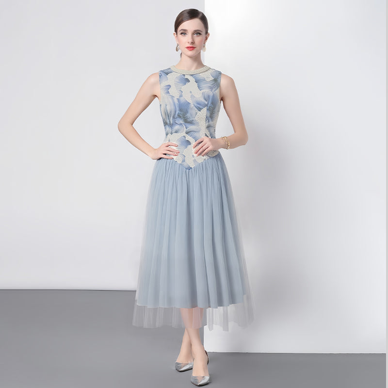 CM-DY051189 Women Elegant European Style Sequins Decor Round Neck Sleeveless Long Dress - Blue