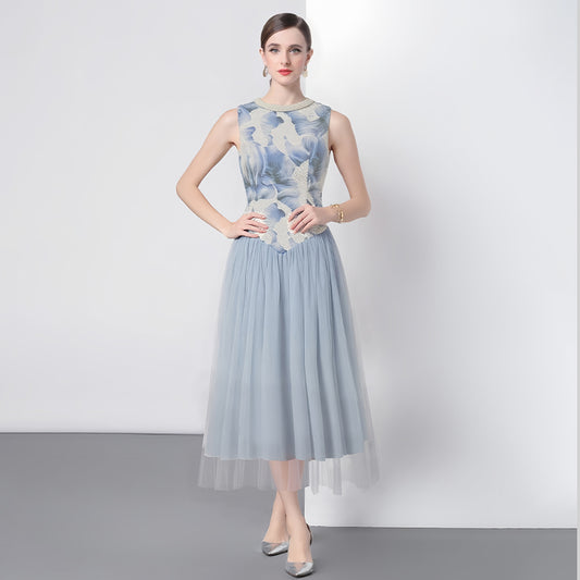 CM-DY051189 Women Elegant European Style Sequins Decor Round Neck Sleeveless Long Dress - Blue