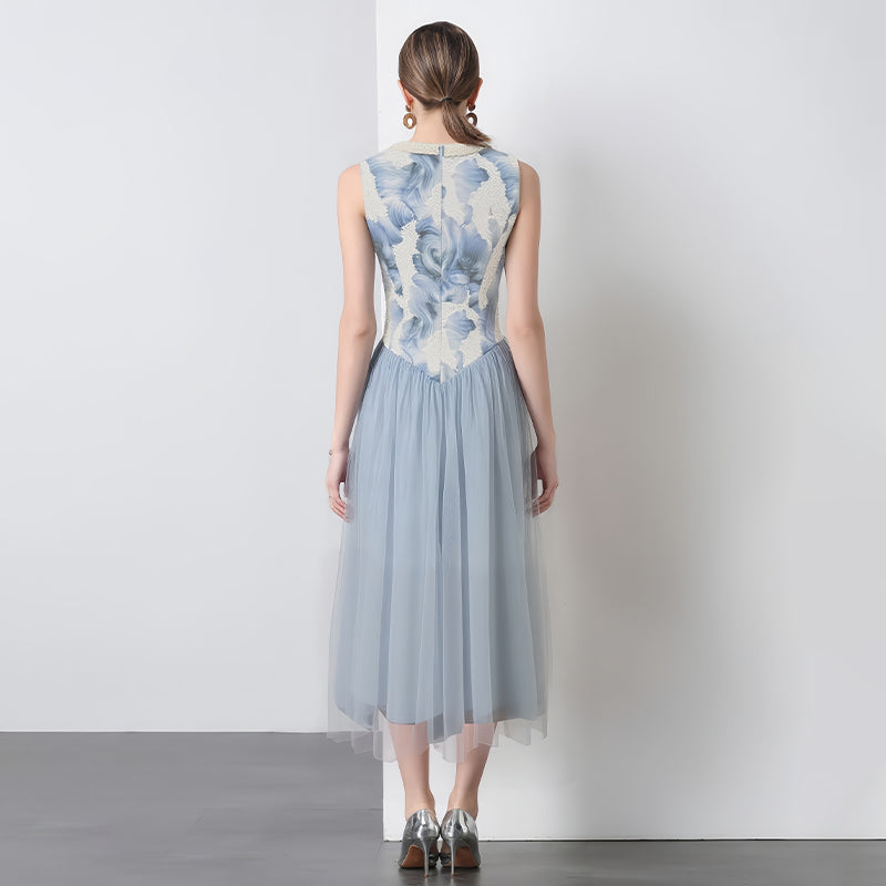 CM-DY051189 Women Elegant European Style Sequins Decor Round Neck Sleeveless Long Dress - Blue