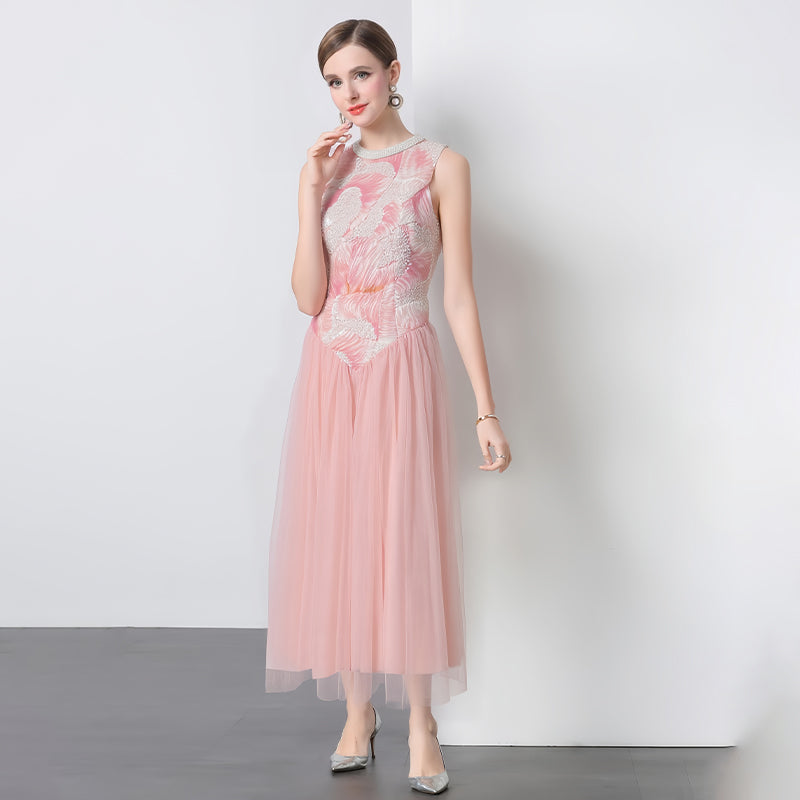 CM-DY051189 Women Elegant European Style Sequins Decor Round Neck Sleeveless Long Dress - Pink