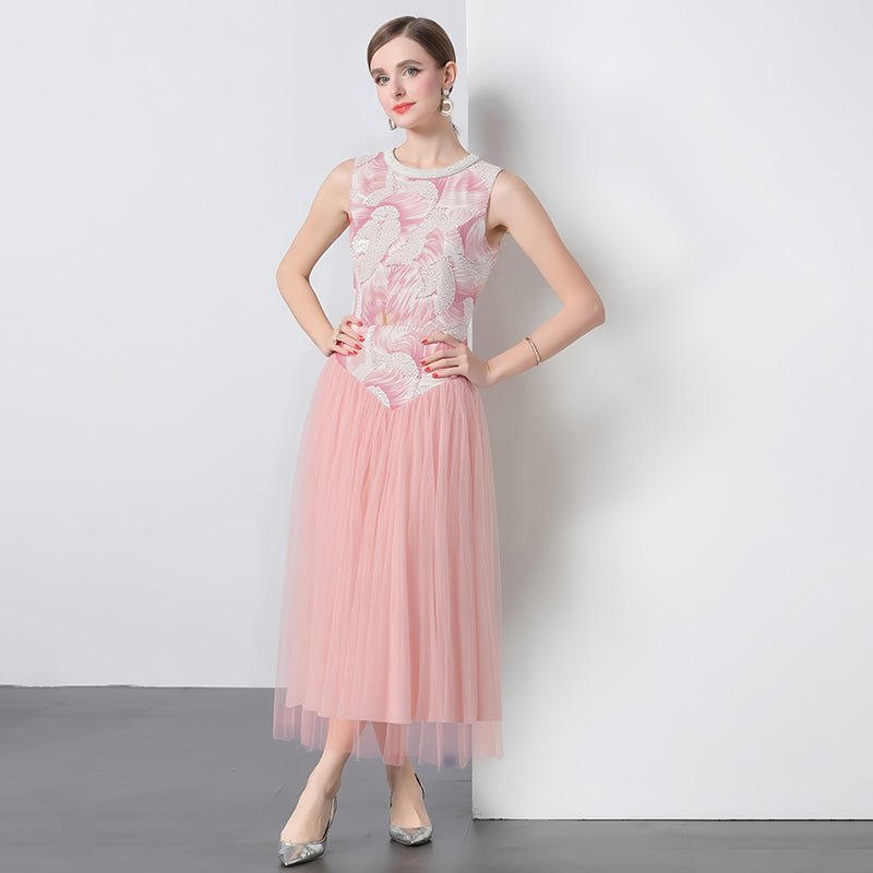 CM-DY051189 Women Elegant European Style Sequins Decor Round Neck Sleeveless Long Dress - Pink