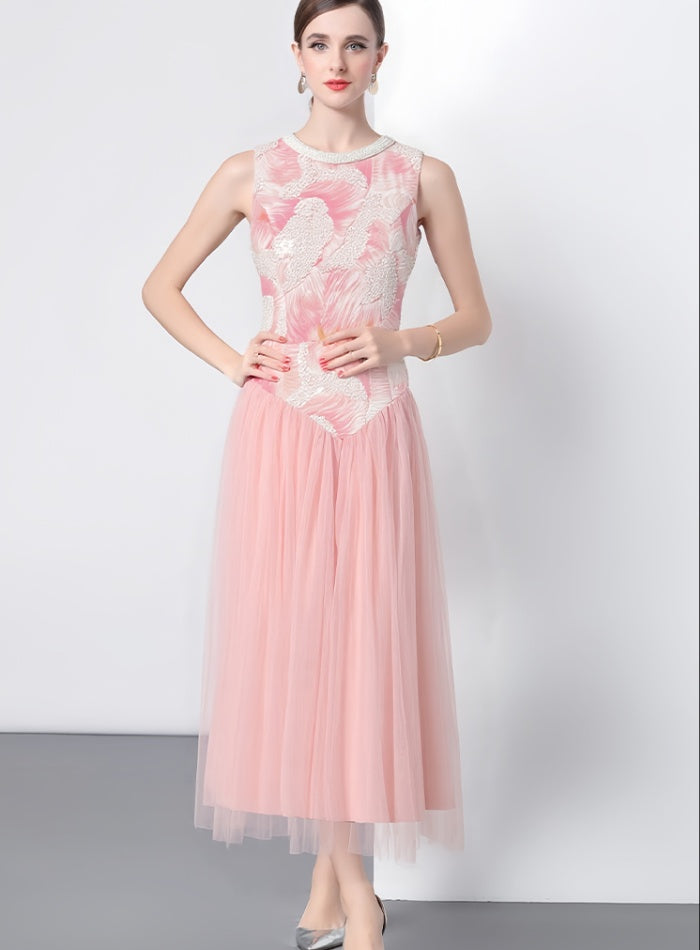 CM-DY051189 Women Elegant European Style Sequins Decor Round Neck Sleeveless Long Dress - Pink