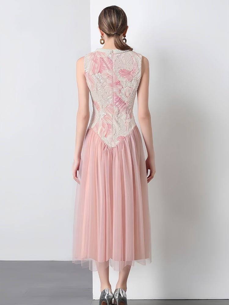 CM-DY051189 Women Elegant European Style Sequins Decor Round Neck Sleeveless Long Dress - Pink