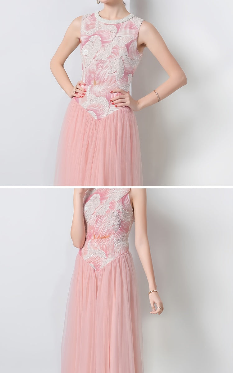 CM-DY051189 Women Elegant European Style Sequins Decor Round Neck Sleeveless Long Dress - Pink