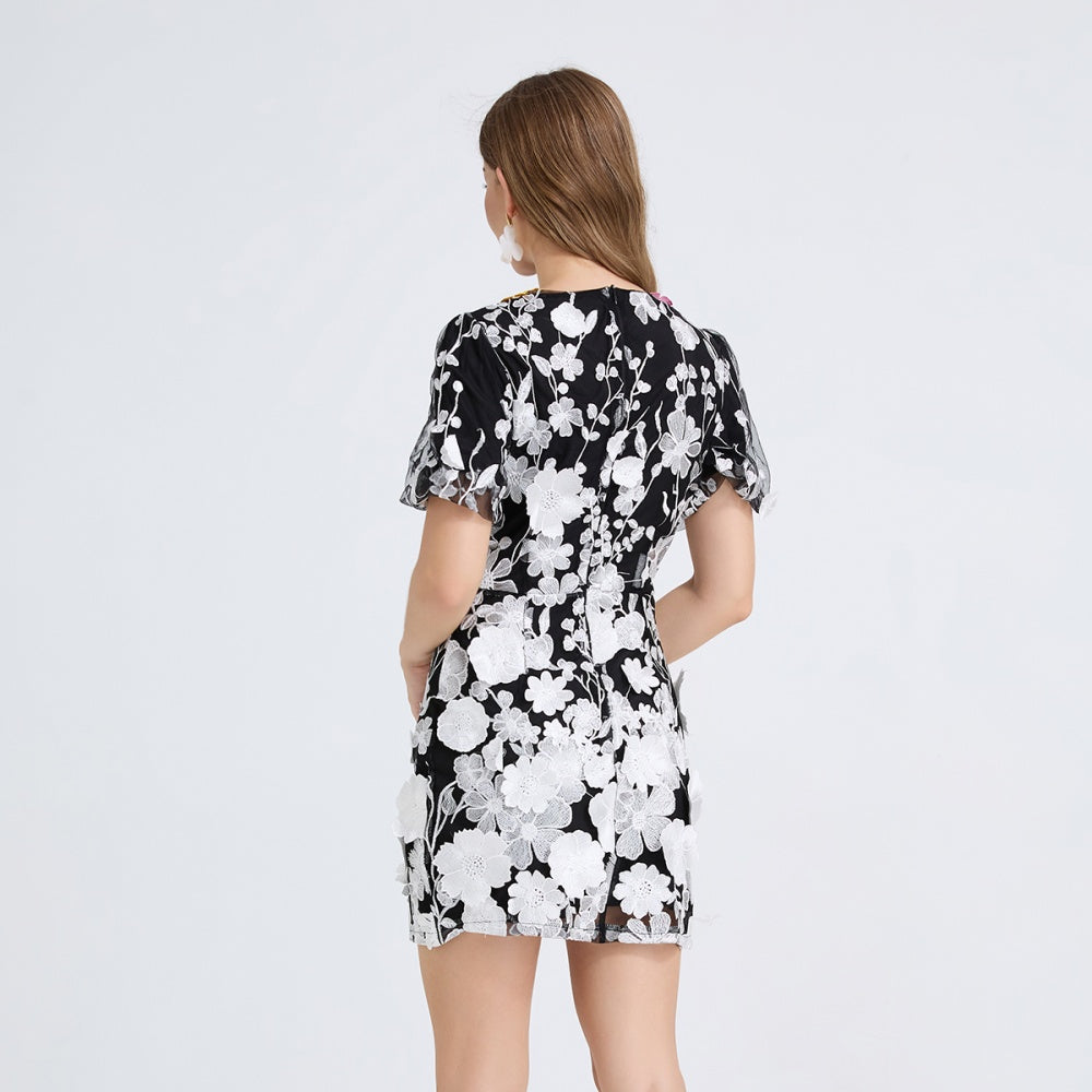 CM-DY051234 Women Elegant European Style Floral Embroidered V-Neck Short Sleeve Mini Dress (Available in 2 colors)