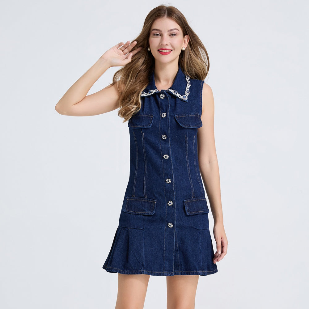 CM-DY051235 Women Elegant European Style Crimp Rhinestone Collar Neckline Sleevevless Mini Dress - Blue