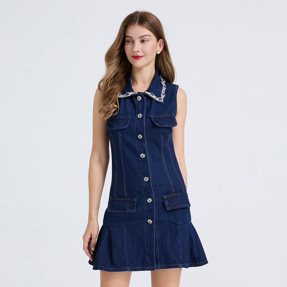 CM-DY051235 Women Elegant European Style Crimp Rhinestone Collar Neckline Sleevevless Mini Dress - Blue
