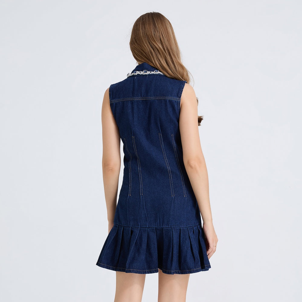 CM-DY051235 Women Elegant European Style Crimp Rhinestone Collar Neckline Sleevevless Mini Dress - Blue