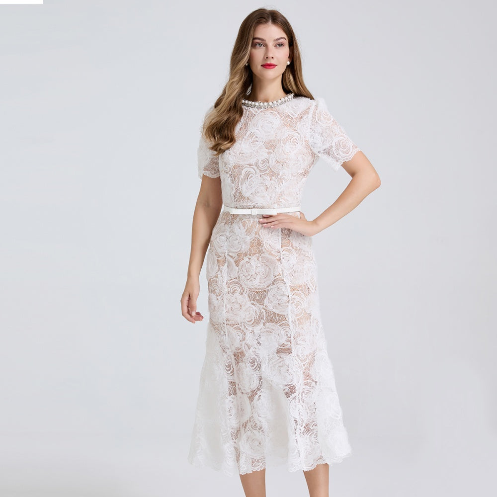 CM-DY051237 Women Elegant European Style Round Neck Short Sleeve Mermaid Slim Dress - White