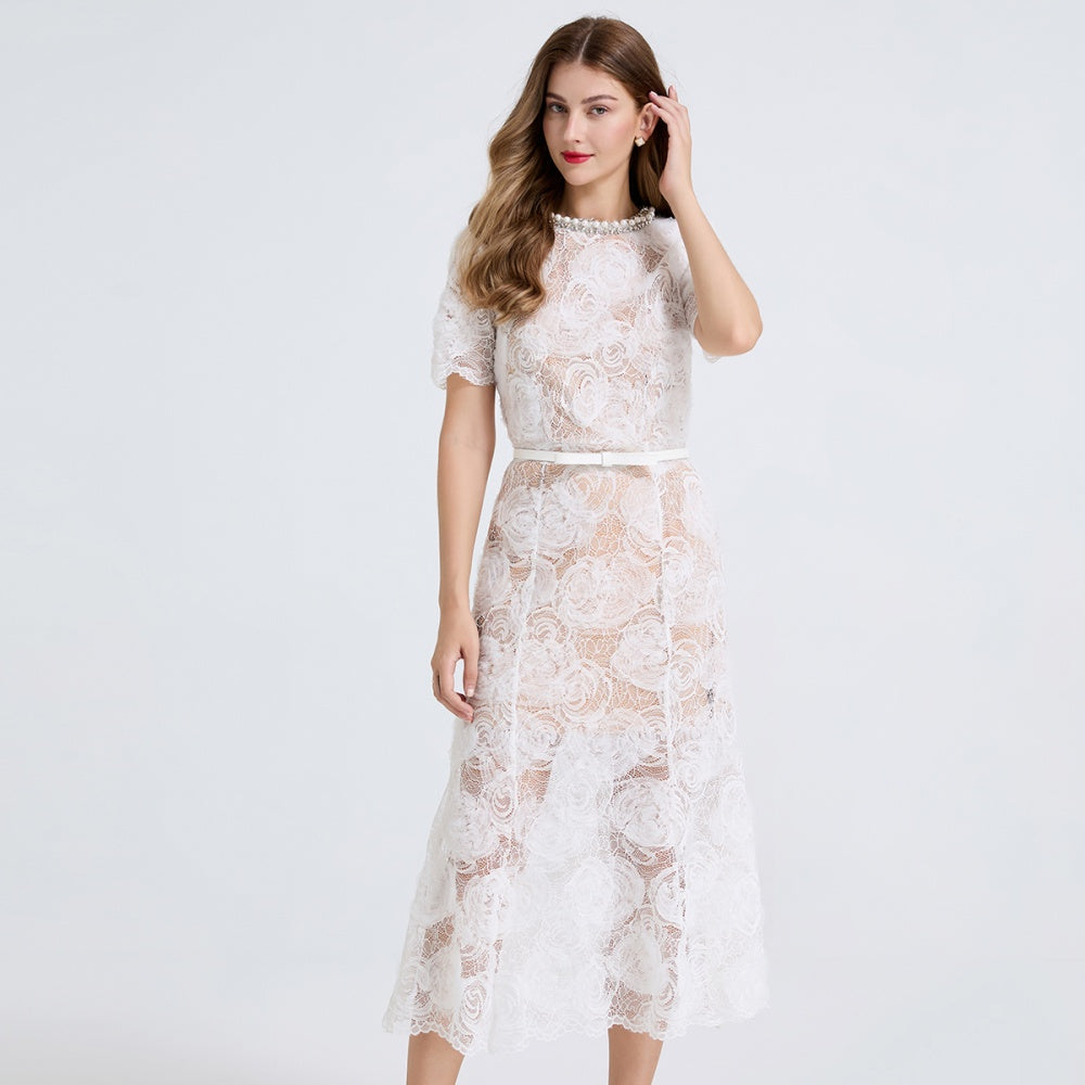 CM-DY051237 Women Elegant European Style Round Neck Short Sleeve Mermaid Slim Dress - White