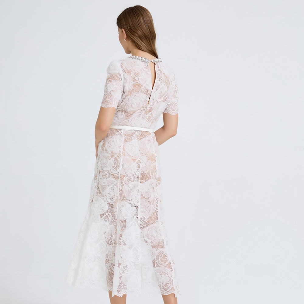 CM-DY051237 Women Elegant European Style Round Neck Short Sleeve Mermaid Slim Dress - White