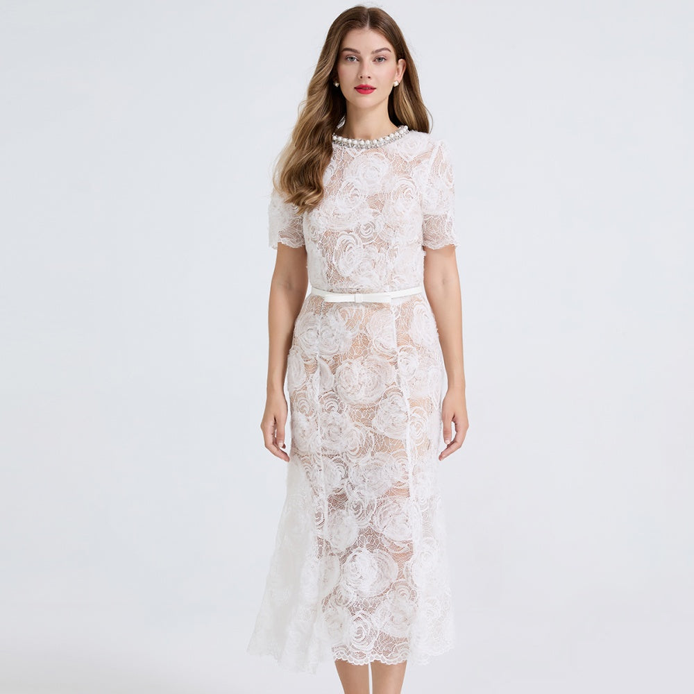 CM-DY051237 Women Elegant European Style Round Neck Short Sleeve Mermaid Slim Dress - White