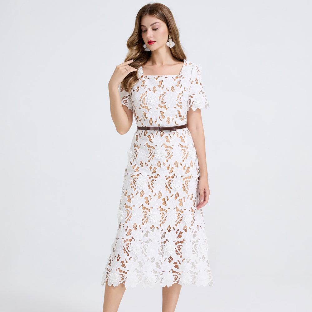 CM-DY051238 Women Elegant Seoul Style Hollow Square Collar Short Sleeve Mid-Length Dress - White